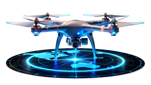 Drone with camera flying over a world map isolated on transparent background, technology for surveillance and mapping