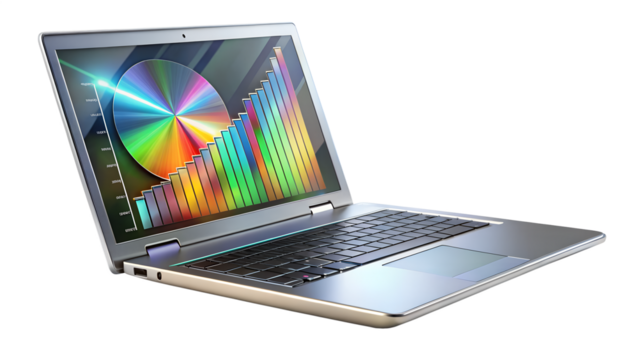 Laptop with colorful pie chart and graph on screen isolated on transparent background, representing data visualization