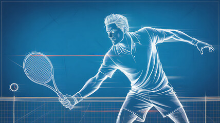 Blueprint of a man playing tennis