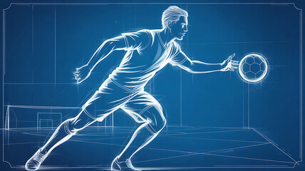 Blueprint of a man playing handball
