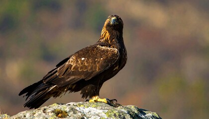 Majestic Golden Eagle Perched on Rock Eyes Fixed Forward.