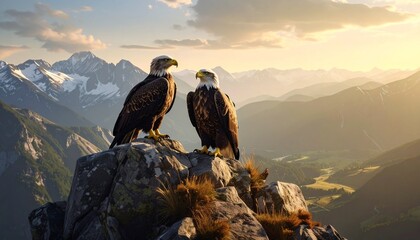 Two Majestic Eagles Perched on a Rocky Mountain Summit at Sunrise.
