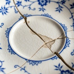 Delicate porcelain plate with intricate blue floral pattern and a prominent crack
