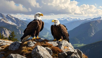 Majestic Bald Eagles Perched Atop Mountain Peak Overlooking Scenic Valley.