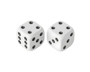 Two pristine white dice with distinct black dots, casting a subtle shadow on the table