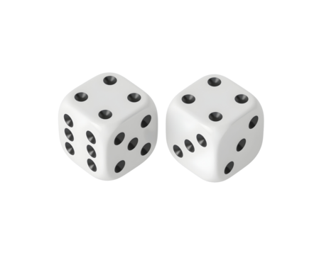 Two pristine white dice with distinct black dots, casting a subtle shadow on the table