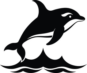 Black silhouette of a killer whale orca jumping out of stylized waves isolated on white background isolated on transparent background