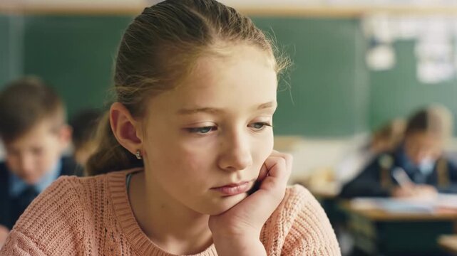 Fixed cu video of a young caucasian girl, 8-10, in a peach knitted sweater, showing profound boredom with drooping eyes in a soft-focus classroom bokeh. Concept of school boredom and distraction