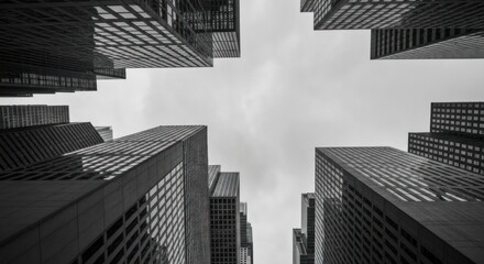 Fototapeta premium High-angle, black and white perspective of towering skyscrapers reaching for the cloudy sky