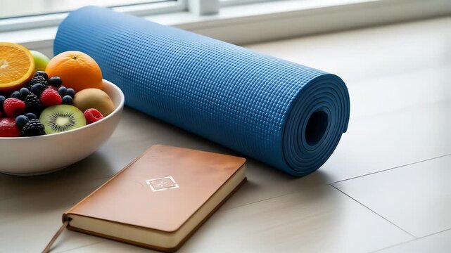 A rolled-up yoga mat next to a bowl of fresh fruits like oranges kiwi and berries near a brown notebook. The objects are set on a bright white wooden floor under natural light.