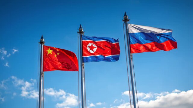 Flag display of china russia and north korea outdoor setting national symbols bright sky political context