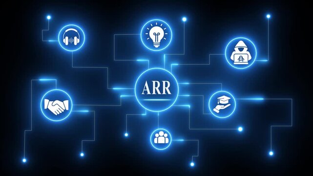 AR Acronym Network Diagram with Icons and Glowing Lines on Black Background concept