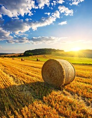 Golden hay bale in a field at sunset (1)