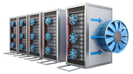 Server rack with cooling system isolated on transparent background, data center and information technology concept