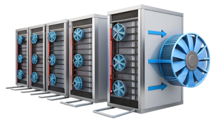 Server rack with cooling system isolated on transparent background, data center and information technology concept