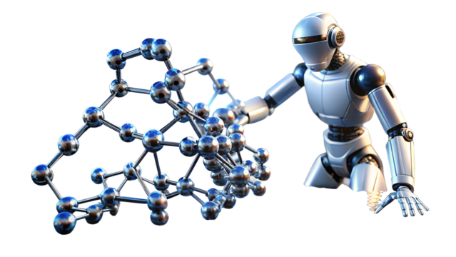 Robot interacting with a complex molecular structure isolated on transparent background, artificial intelligence concept
