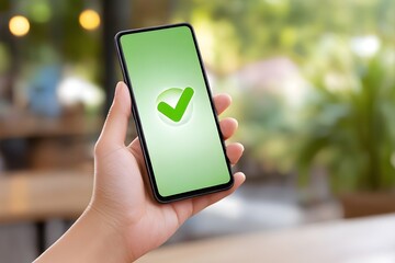 Hand holding smartphone with green check mark on screen, showcasing digital confirmation concept