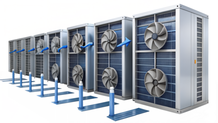 Row of air conditioning units with blue pipes isolated on transparent background for cooling and ventilation