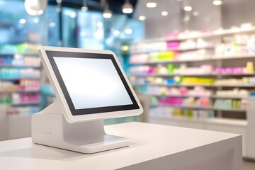 Modern digital kiosk with blank screen in a bright pharmacy interior showcasing products