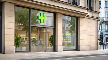 Modern pharmacy storefront with green cross sign and large glass windows showcasing products