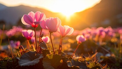 Beautiful Pink Cyclamen Flowers Blooming in Golden Sunset Light.