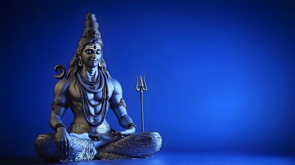 Majestic blue statue of a deity seated in meditation with intricate details and serene expression