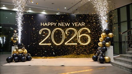 Happy new year 2026 celebration with golden confetti and fireworks, festive balloons and a dark backdrop
