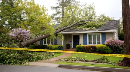 Naklejka premium Fallen tree branches surround house with caution tape indicating storm damage and safety concerns