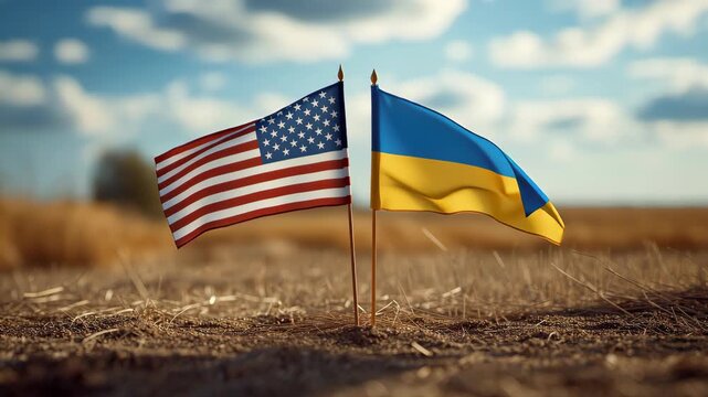 Flags of unity american and ukrainian symbols together in a wheat field under blue skies