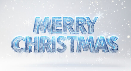 Festive holiday greeting with blue ice typography and delicate falling snowflakes on a wintery white and grey background