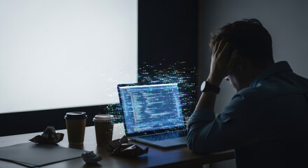 Man working on laptop with code and digital data visualization. Programmer with glitch effect from screen. Overworked developer concept.
