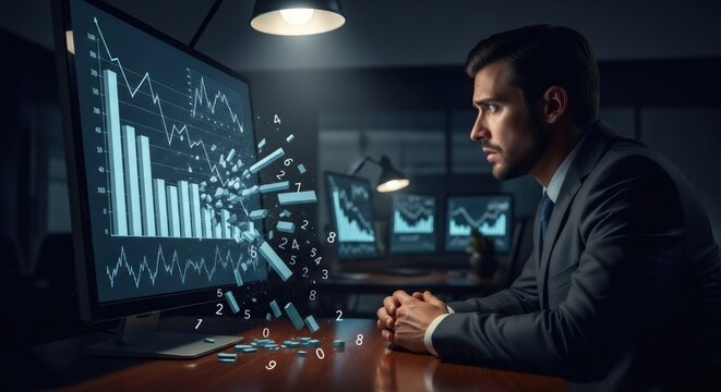 Man watching financial data exploding from computer screen. Concept of market crash or economic crisis. Digital investment breakdown.
