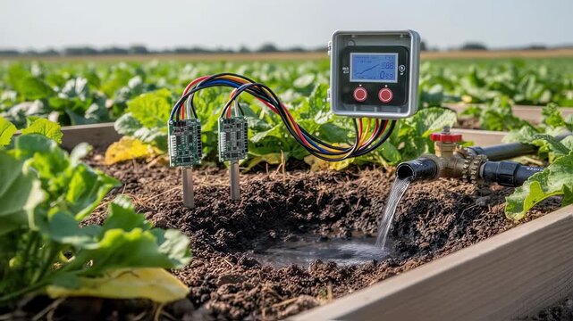 Closeup medium shot of soil moisture sensors connected to an irrigation system adjusting water flow based on realtime data.