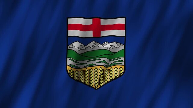 Alberta flag waving in the breeze against a blue sky background
