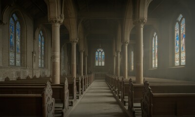 Fototapeta premium Interior shot of a grand, aged church, with columns, stained glass, and rows of pews in a hazy atmosphere