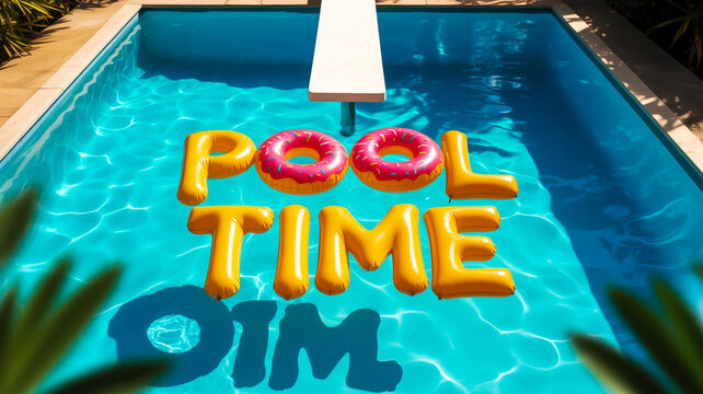 Turquoise swimming pool, white diving board, top-frame view, bright