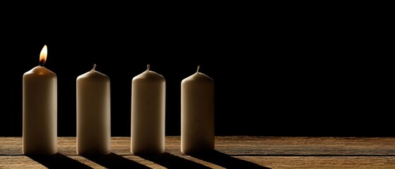 Four candles with one burning flame, symbolic still life of light and darkness, religion and remembrance concept, no people
