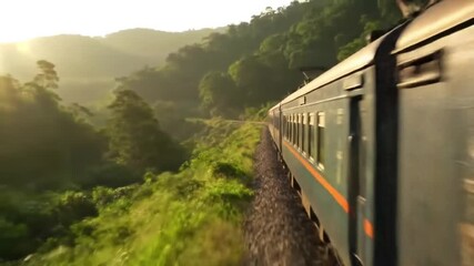 A passenger train travels through lush green hills and dense forest, illuminated by the morning sun. - Powered by Adobe