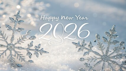 Happy new year 2026 with sparkling snowflakes and snow, a festive winter greeting for the upcoming year