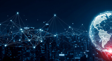 Connect to the world with dynamic global network over modern cityscape at night for innovative business
