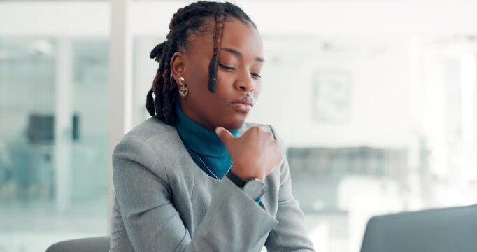 Business, thinking and black woman in office, laptop and copywriting with ideas, decision and email. African person, employee and journalist with pc, planning and brainstorming with wonder and choice