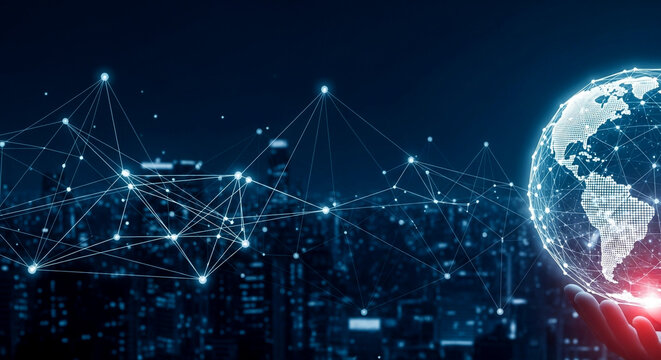 Connect to the world with dynamic global network over modern cityscape at night for innovative business