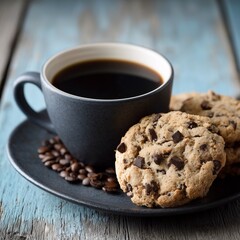Homemade Chocolate Chip Cookies and Black Coffee in a Dark Mug on a Blue Rustic Wooden Background
