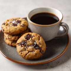 Gourmet Chocolate Chunk Cookies with Sea Salt Flakes Served with Coffee on a Stoneware Plate