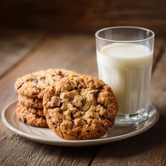 A Freshly Baked Stack of Oatmeal Chocolate Chip Cookies Served with a Glass of Milk on a Rustic Wooden Table