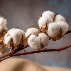 A Detailed Still Life Image of Raw Cotton Bolls on a Branch Against a Textured Studio Backdrop