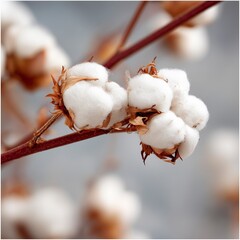  A Delicate Close-Up Shot of Soft, White Cotton Bolls on a Thin Branch with a Soft-Focus Background