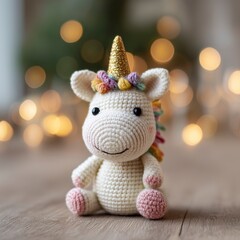 An Adorable Handmade Crochet Unicorn Sits on a Wooden Floor with Festive Bokeh Lights in the Background