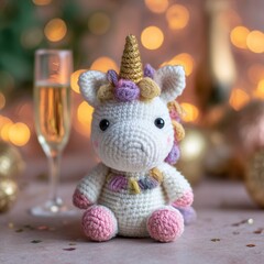  A Charming Crocheted Unicorn Ready to Celebrate New Year's Eve with Champagne and Holiday Ornaments