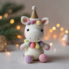 A Sweet Handmade Amigurumi Unicorn with a Glittery Party Hat in a Festive Holiday Setting